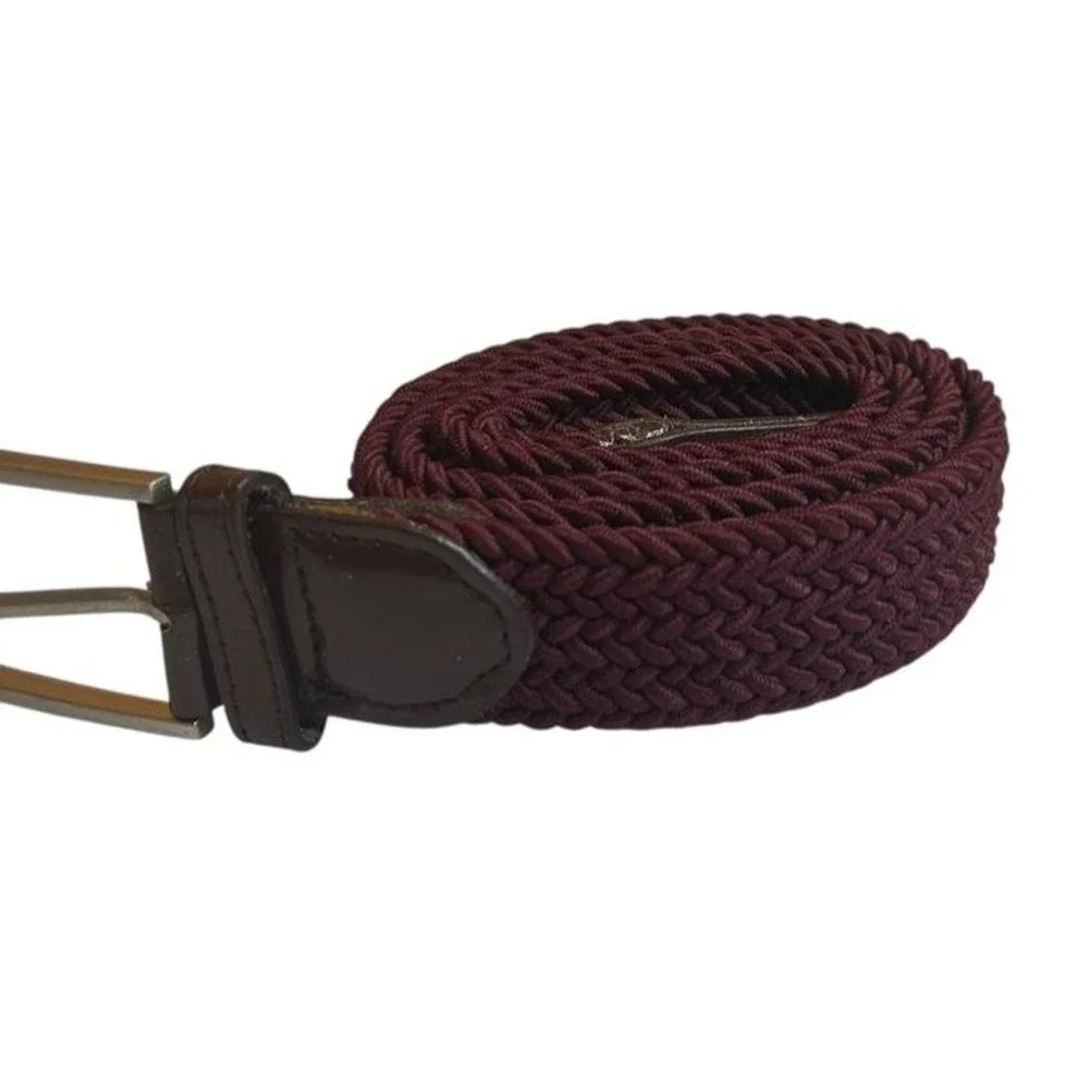 Woven Men's Belt Burgundy Braided Stretch Preppy Equestrian Golf Silver Buckle